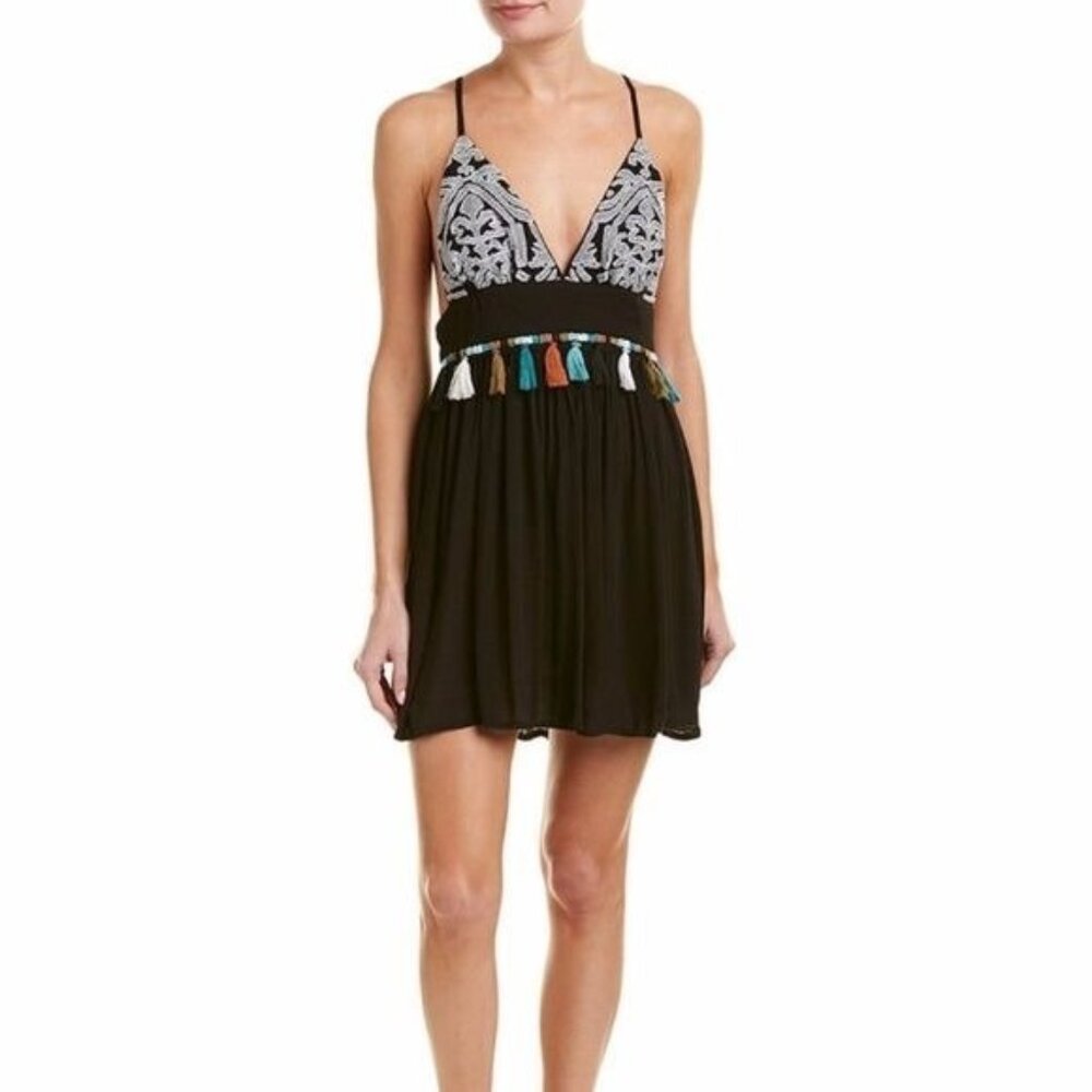RAGA NWT Beaded Tassel Dress Embroidered Coverup Criss Cross Black Short Medium